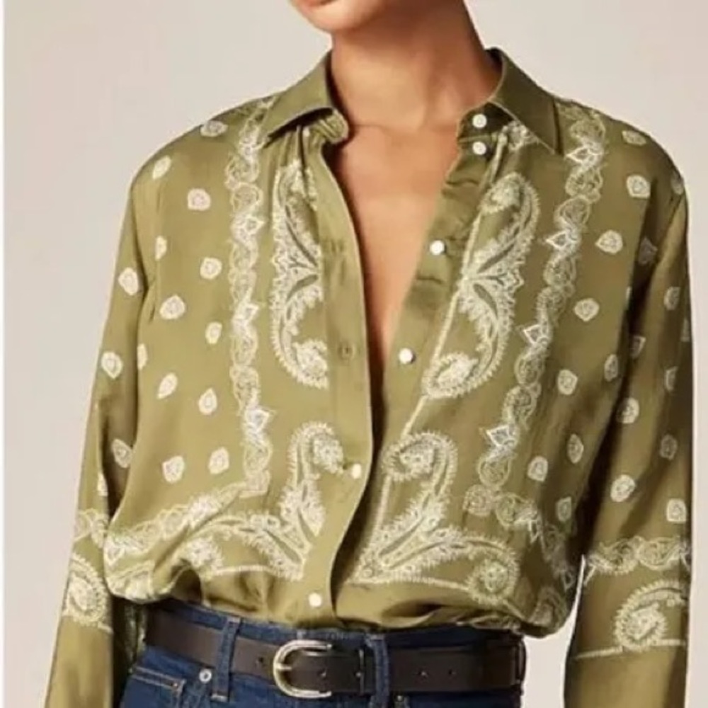 New with tag J.Crew Olive Green Paisley Button-Up Blouse